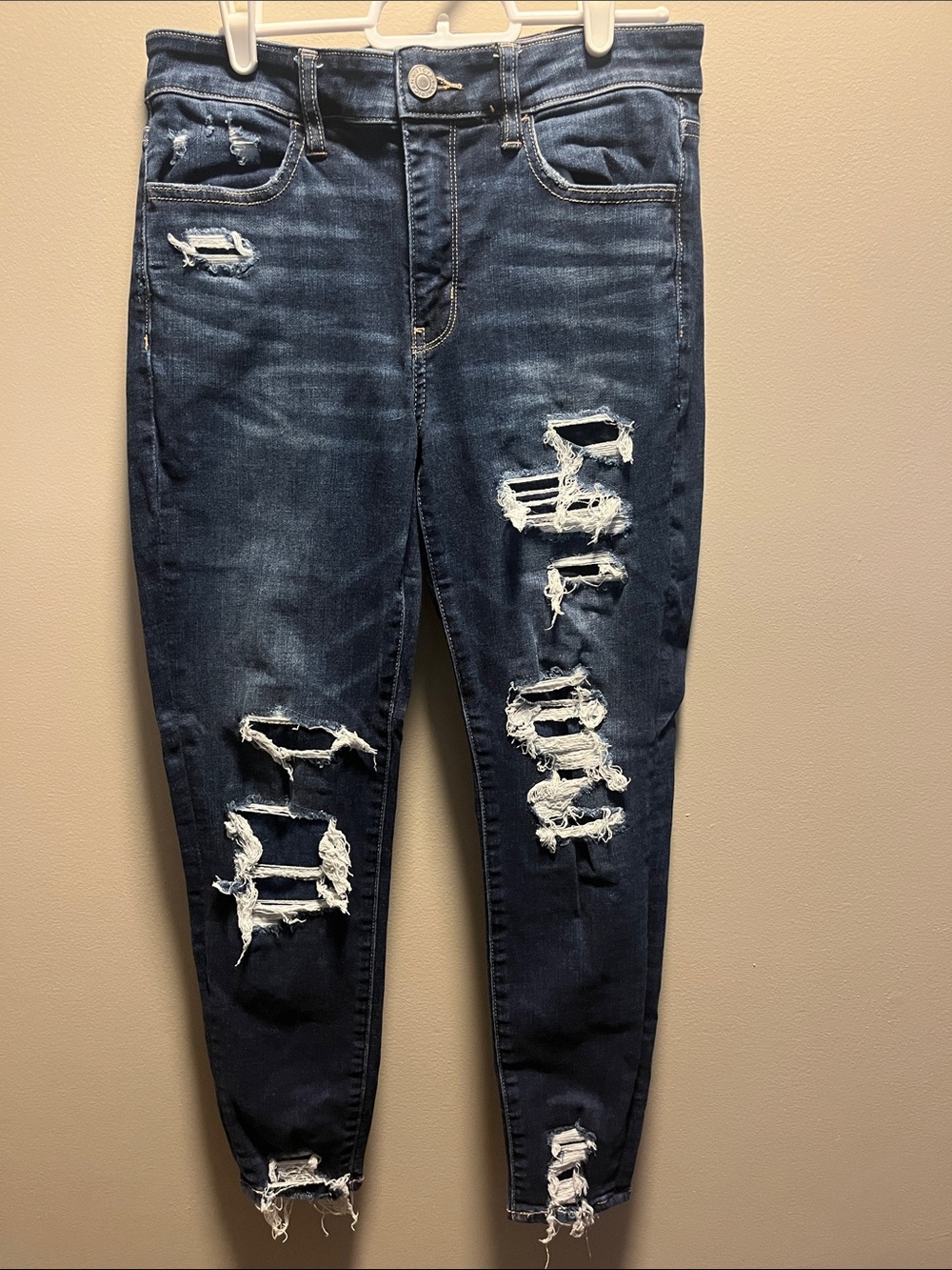 American Eagle Outfitters High-Rise Jegging Crop Distressed Dark Blue Jeans
